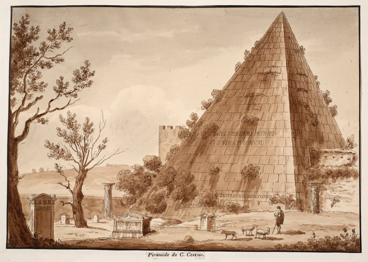 Piramida K. Cestiusza, 1833 (akwaforta z brązową lawiną) autorstwa Agostino Tofanelli