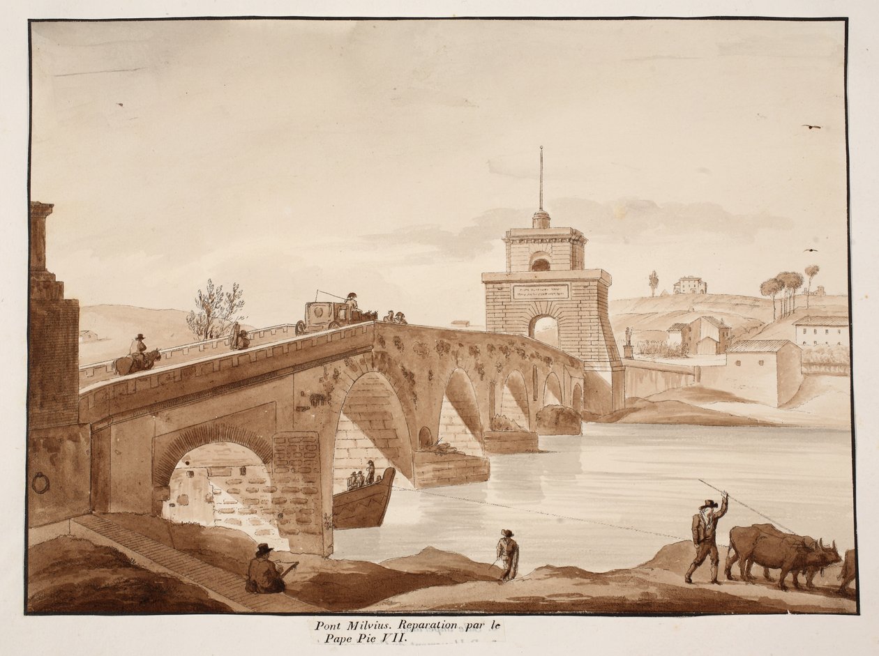 Przywrócenie Ponte Milvio przez papieża Piusa VII, 1833 (akwaforta z brązową płukaniem) autorstwa Agostino Tofanelli