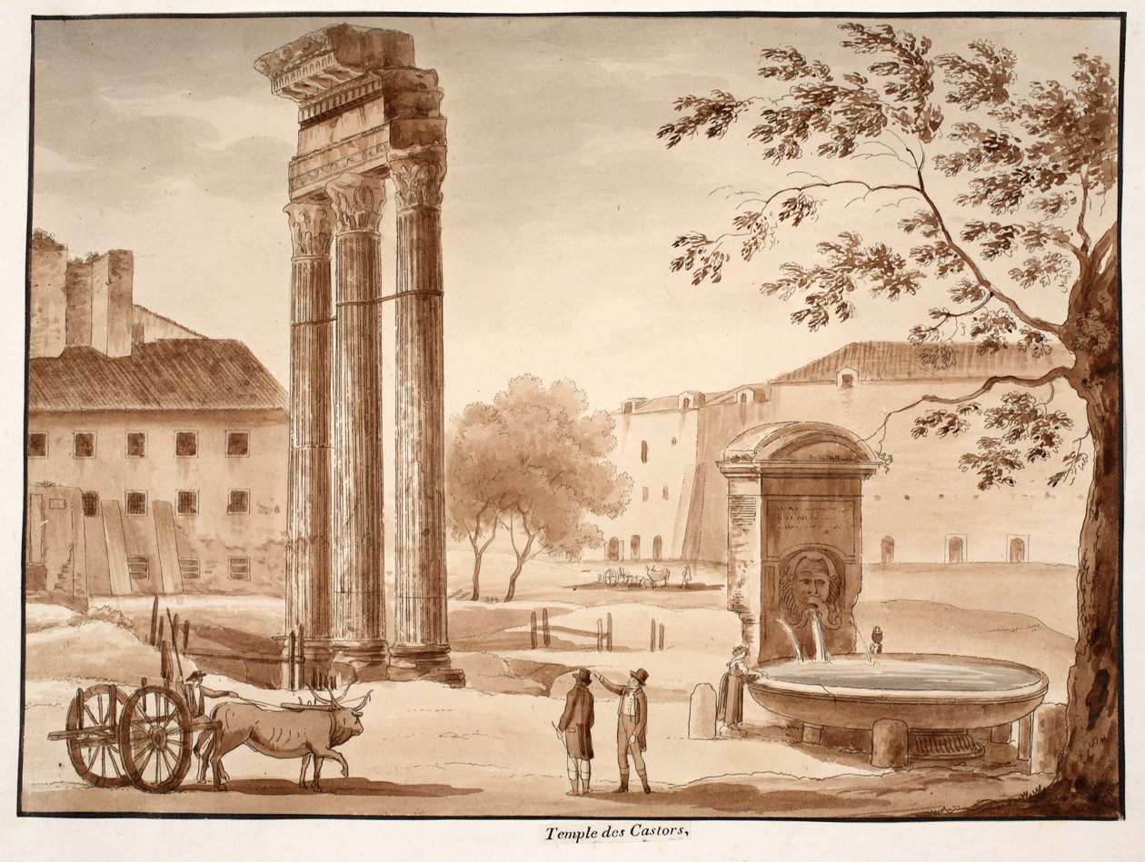 Świątynia Kastora, 1833 (akwaforta z brązową lawiną) autorstwa Agostino Tofanelli