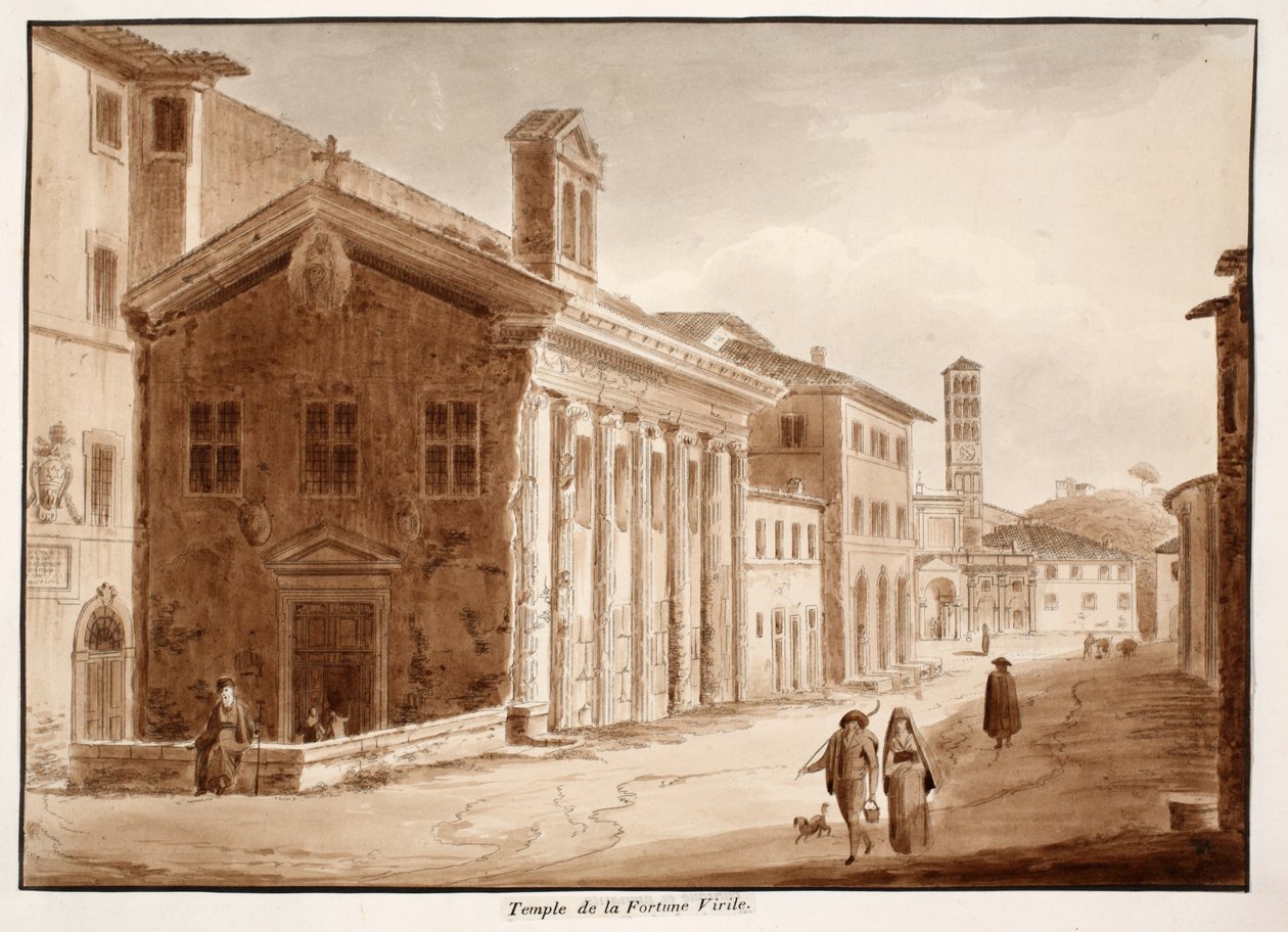 Świątynia Fortuna Virilis, 1833 (akwaforta z brązową lawiną) autorstwa Agostino Tofanelli