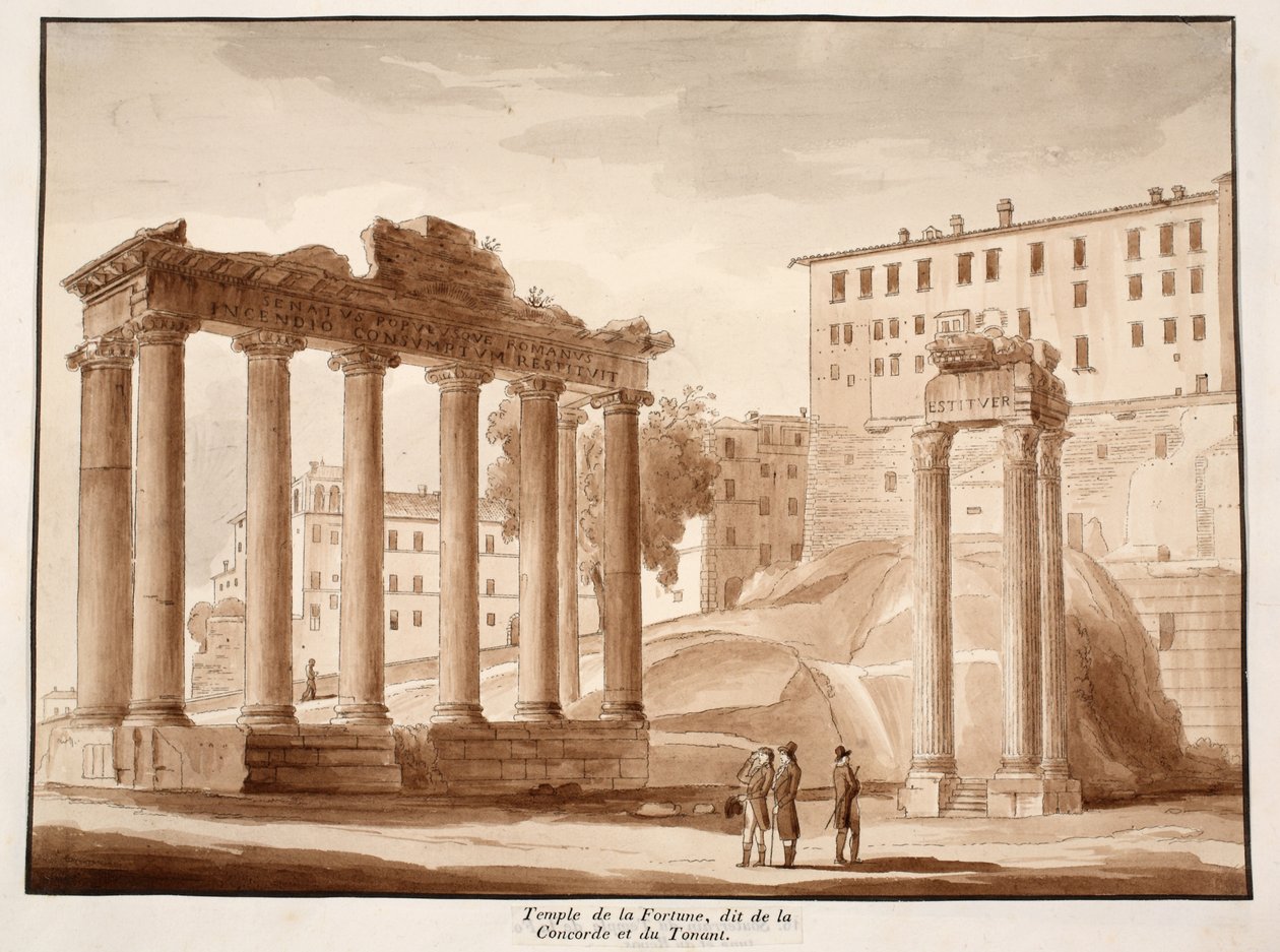 Świątynia Fortuny, znana jako Świątynia Zgody i Świątynia Jowisza Tonansa, 1833 r. (akwaforta z brązową lawiną) autorstwa Agostino Tofanelli