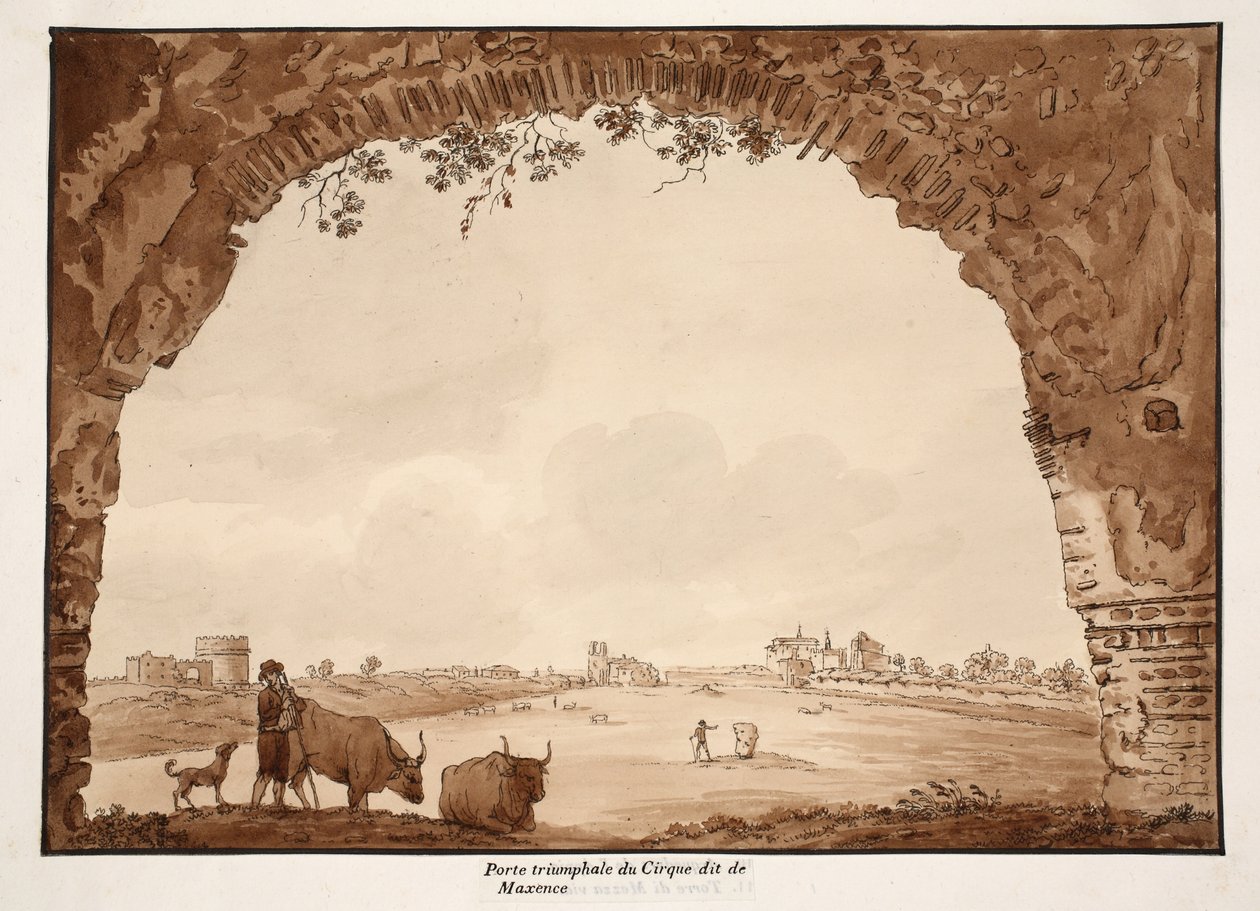 Łuk Triumfalny Cyrku Maksencjusza, 1833 (akwaforta z brązową lawiną) autorstwa Agostino Tofanelli