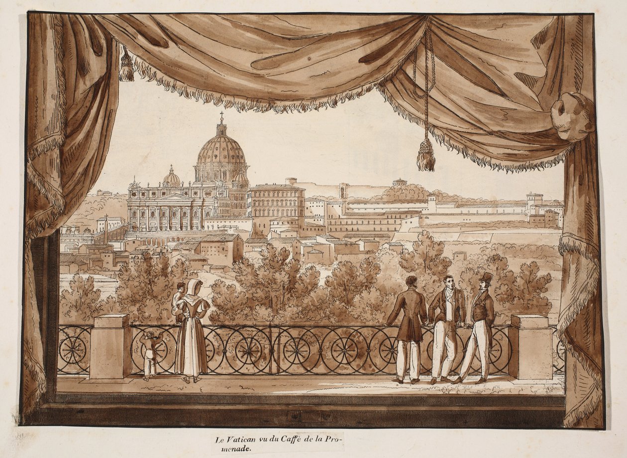 Watykan widziany z Caffe de la Promenade, 1833 (akwaforta z brązową farbą) autorstwa Agostino Tofanelli