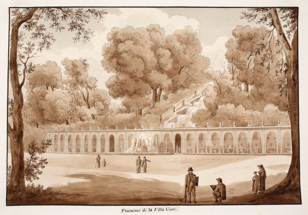 Fontanny Villa Conti, 1833 (akwaforta z brązową lawiną) autorstwa Agostino Tofanelli