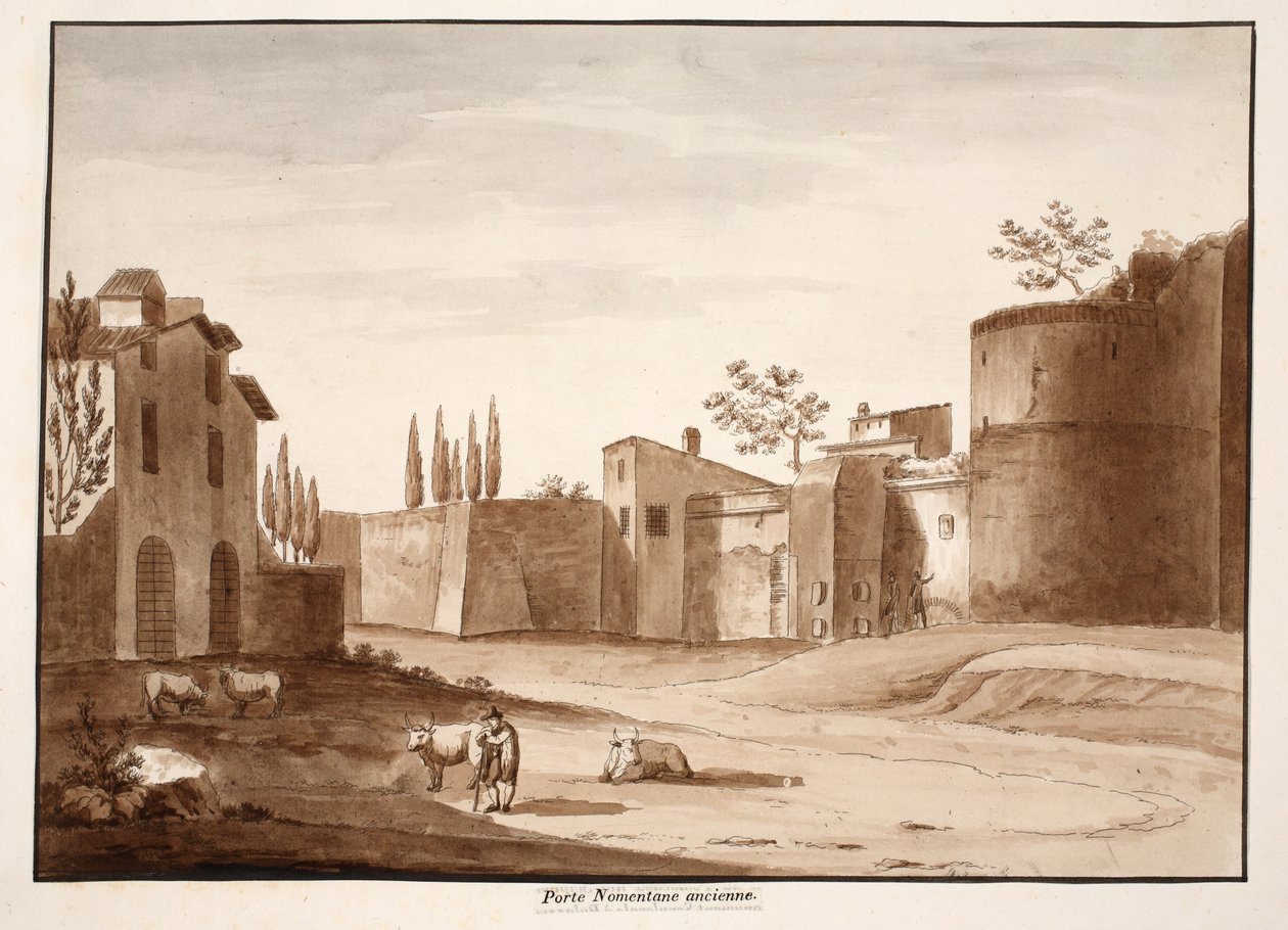 Stara Porta Nomentana, 1833 (akwaforta z brązową lawiną) autorstwa Agostino Tofanelli
