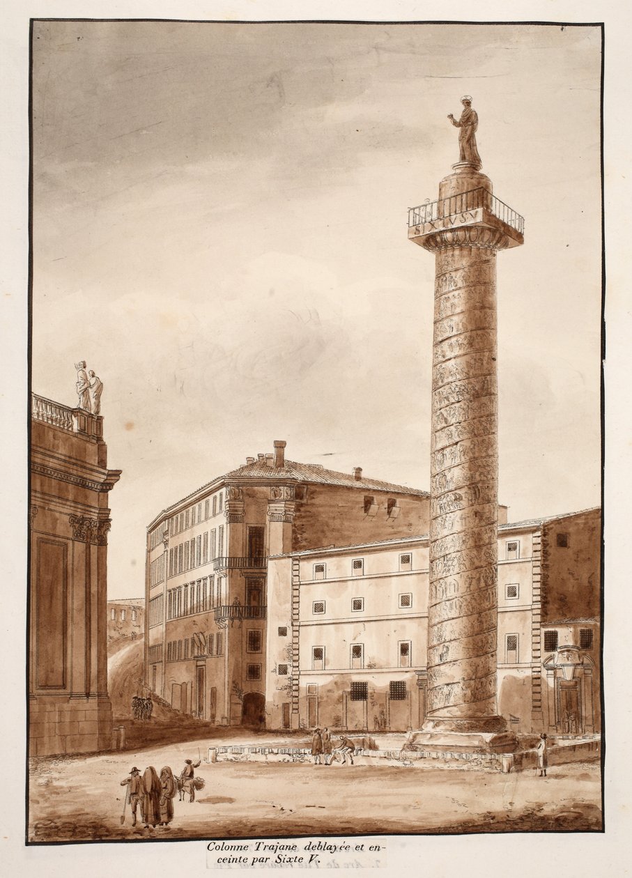 Kolumna Trajana, oczyszczona i otoczona kordonem przez Sykstusa V, 1833 (akwaforta z brązową farbą) autorstwa Agostino Tofanelli