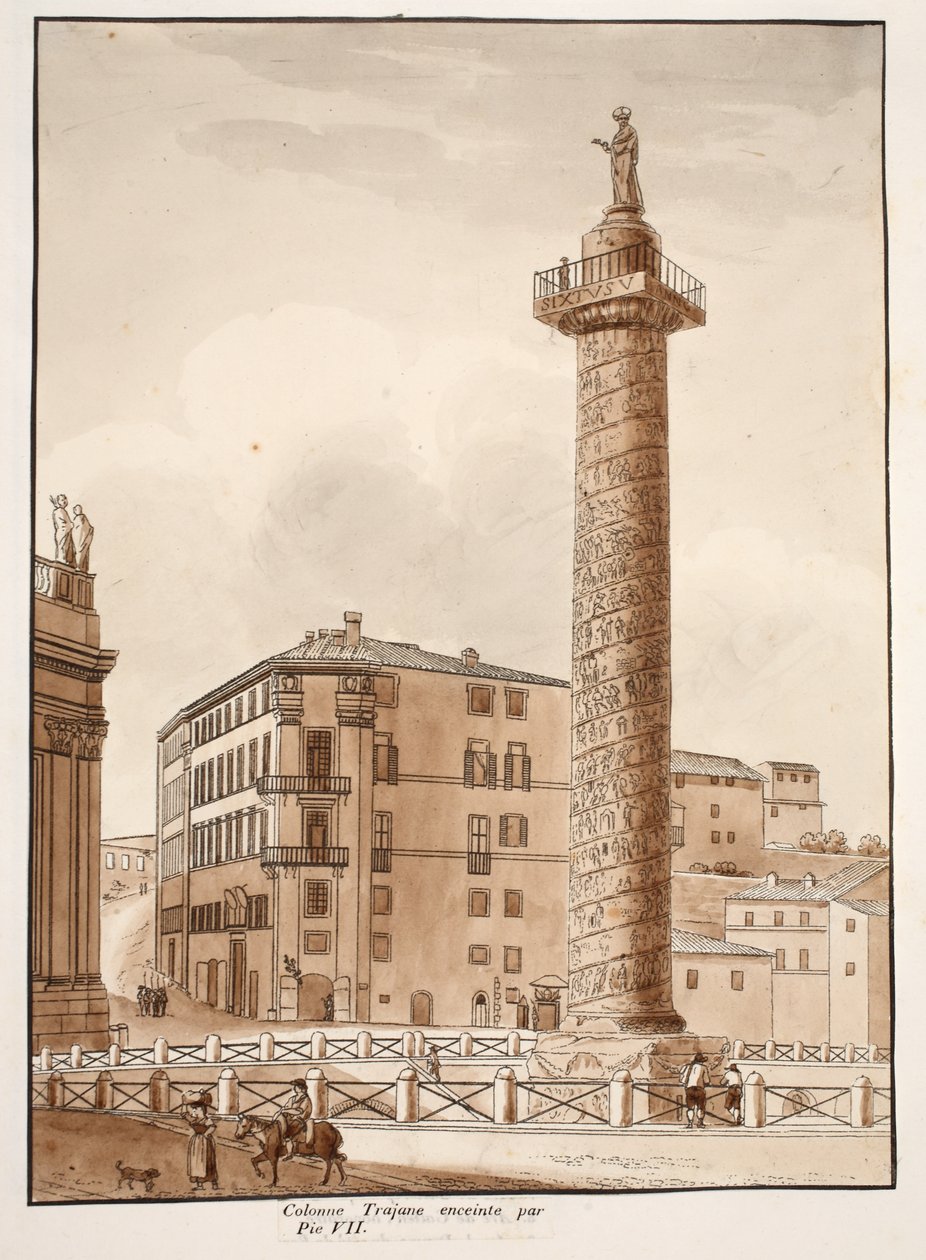 Kolumna Trajana, ogrodzona ogrodzeniem przez Piusa VII, 1833 (akwaforta z brązową lawiną) autorstwa Agostino Tofanelli