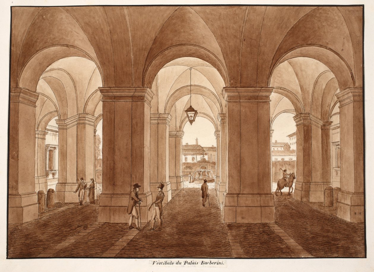 Przedsionek Palazzo Barberini, 1833 (akwaforta z brązową farbą) autorstwa Agostino Tofanelli