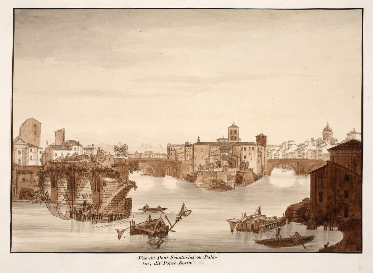 Widok na most Palatyn lub Senatoriusz, zwany Ponte Rotto, 1833 (trawiony z brązową lawiną) autorstwa Agostino Tofanelli