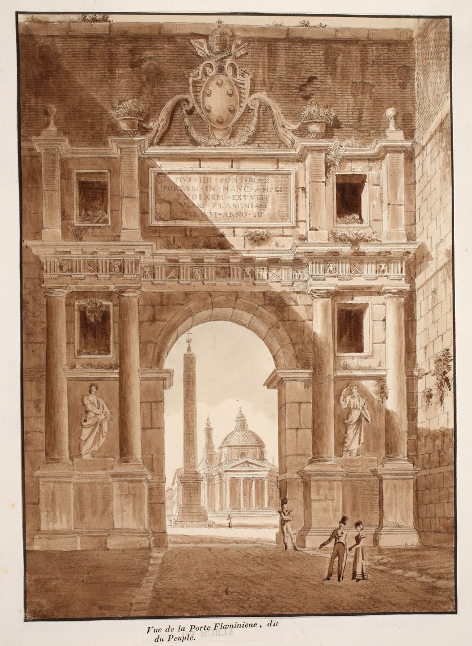 Widok na Porta Flaminia lub Porta del Popolo, 1833 (trawiona z brązową lawiną) autorstwa Agostino Tofanelli
