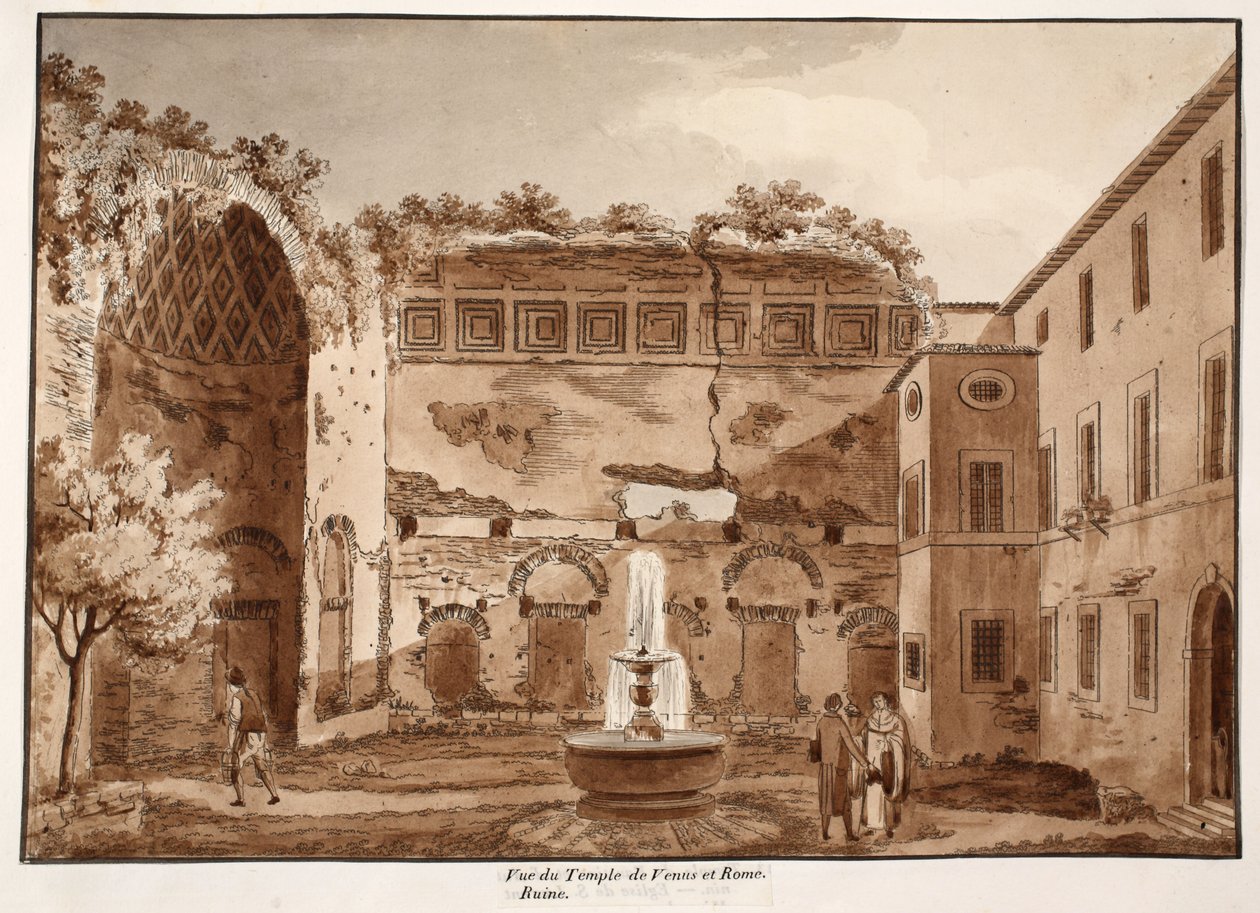 Widok świątyni Wenus i Rzymu, ruiny, 1833 (akwaforta z brązową lawiną) autorstwa Agostino Tofanelli