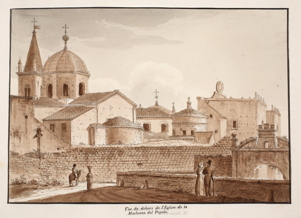 Widok z zewnątrz kościoła Santa Maria del Popolo, 1833 (akwaforta z brązową lawiną) autorstwa Agostino Tofanelli