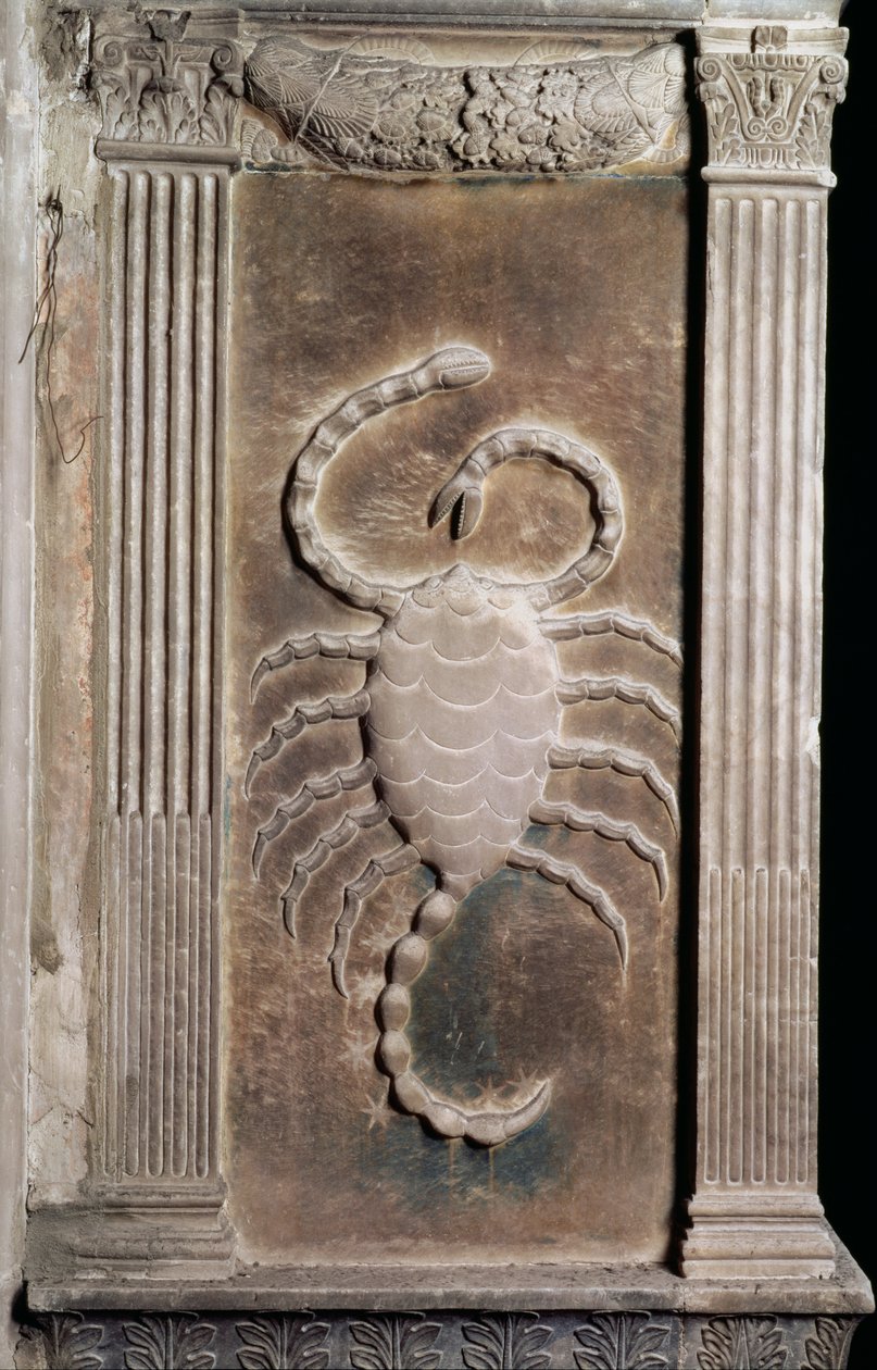 Skorpion reprezentowany przez skorpiona, z serii płaskorzeźb przedstawiających symbole planet i znaki zodiaku, ok. 1450 (tynk) autorstwa Agostino di Duccio