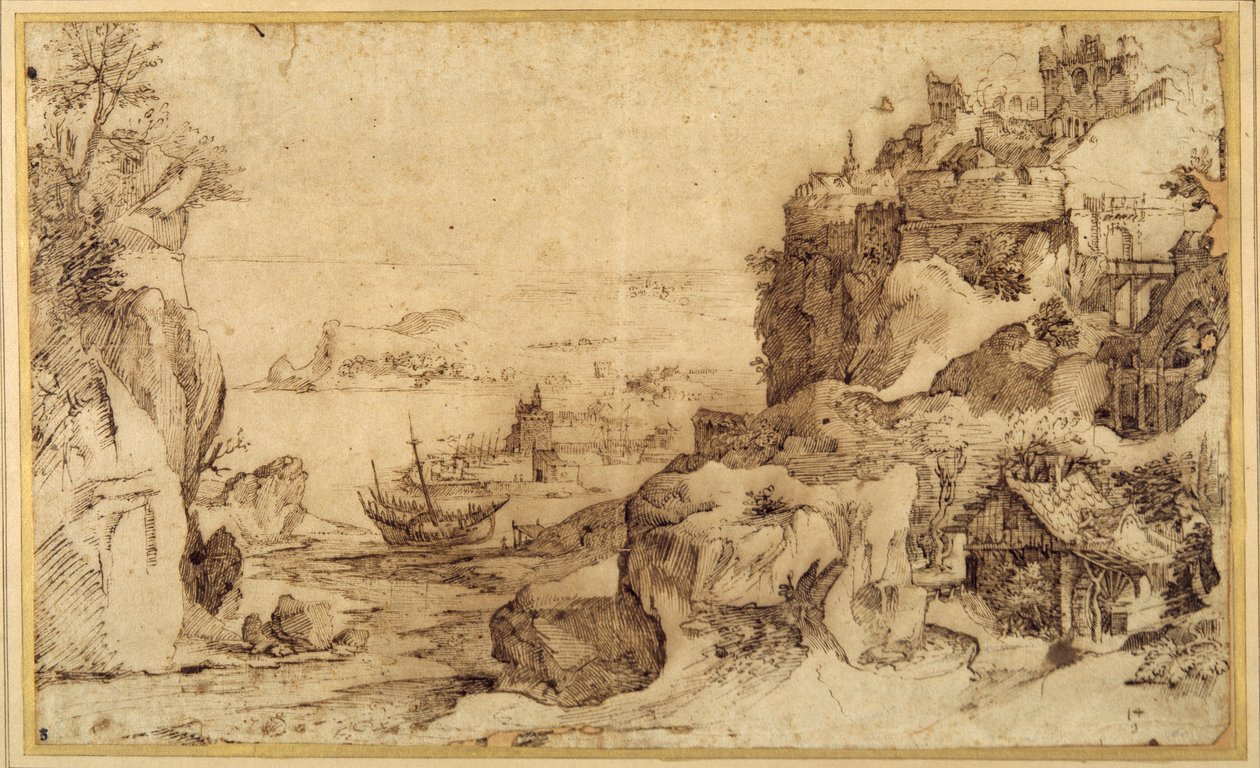 Widok w dół ufortyfikowanego portu (pióro i brązowy atrament na papierze) autorstwa Agostino (attr. to) Carracci