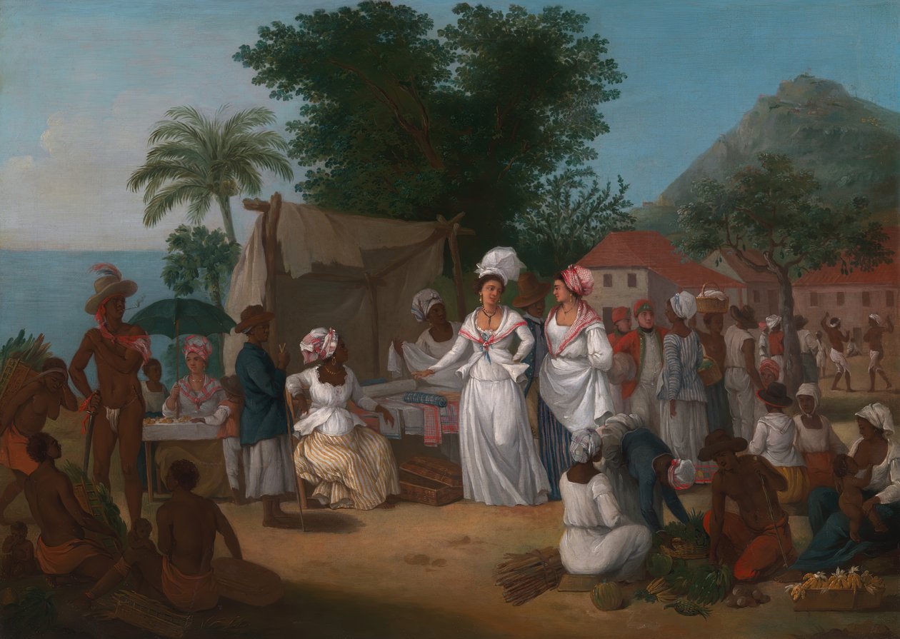 Targ lniany ze straganem z bielizną i sprzedawcą warzyw w Indiach Zachodnich, ca. 1780. autorstwa Agostino Brunias