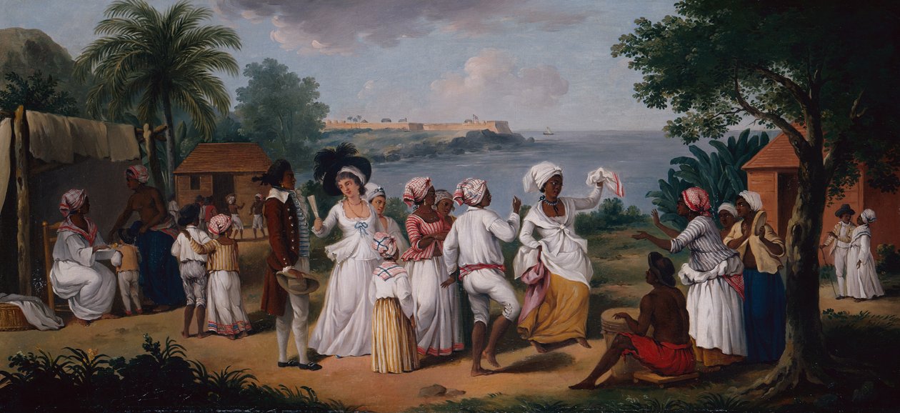 Murzyn tańczy na wyspie Dominika, poza Fort Young (olej na płótnie) autorstwa Agostino Brunias
