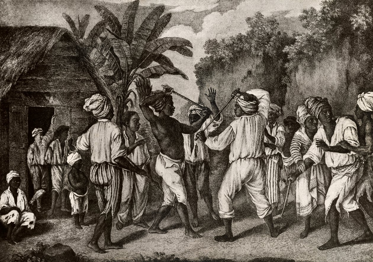 Pojedynek kijków między angielskimi i francuskimi Murzynami na wyspie Dominika, Santo Domingo autorstwa Agostino Brunias