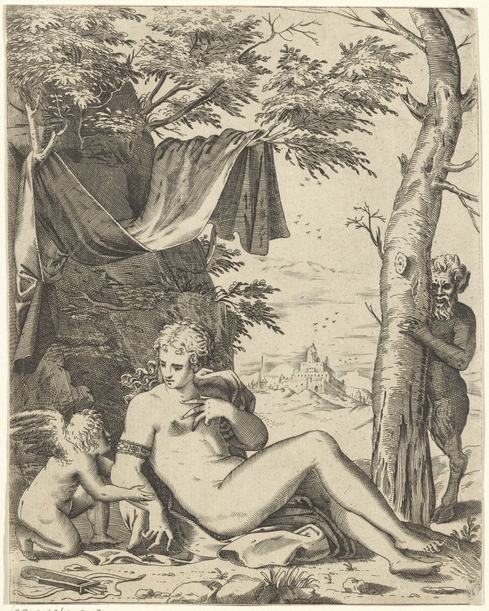 Wenus, miłość w sater autorstwa Agostino Carracci (attributed to)