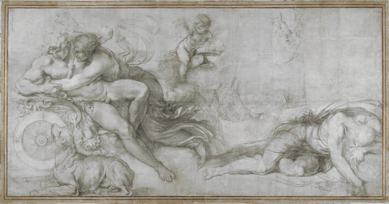 Cephalus porwany przez Aurorę w jej rydwanie Cartoon na fresk w Galerii Palazzo Farnese, Rzym, c. 1599 autorstwa Agostino Carracci