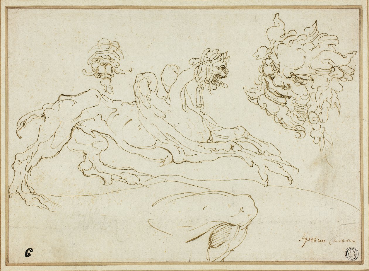 Cztery szkice: Gryf, Groteskowa głowa, Głowa Satyra, Zgięta noga autorstwa Agostino Carracci