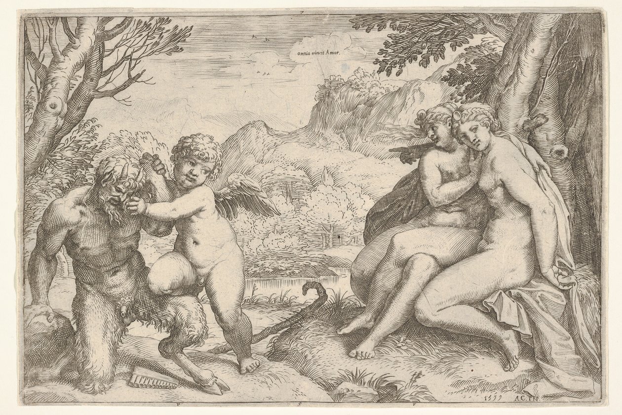 Miłość zwycięża wszystko Omnia vincit Amor, w walce z satyrem Amor stawia prawą k..., 1599. autorstwa Agostino Carracci
