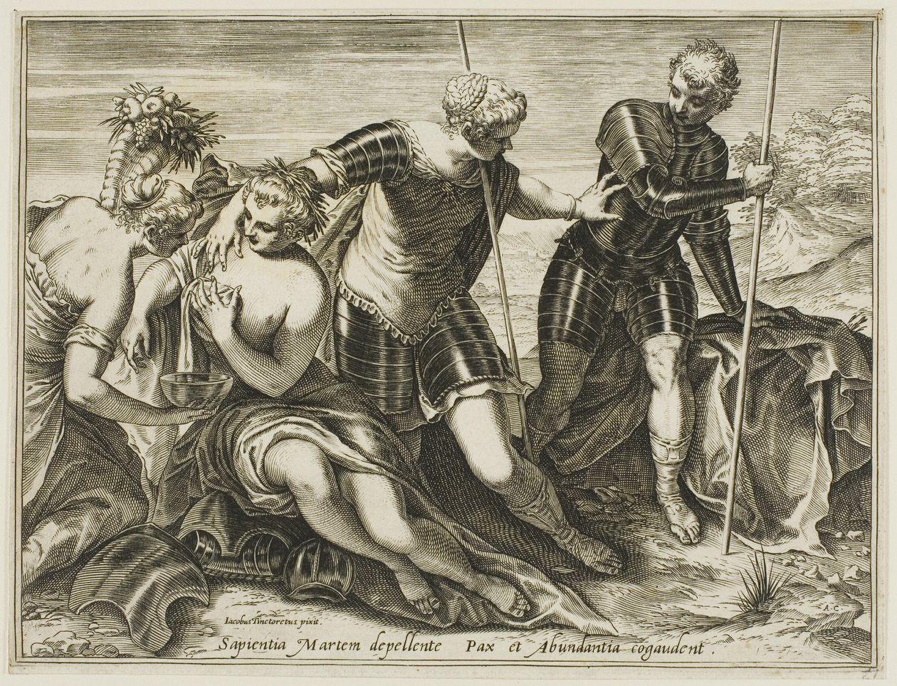Mars wygnany z pokoju i obfitości przez Minerwę autorstwa Agostino Carracci