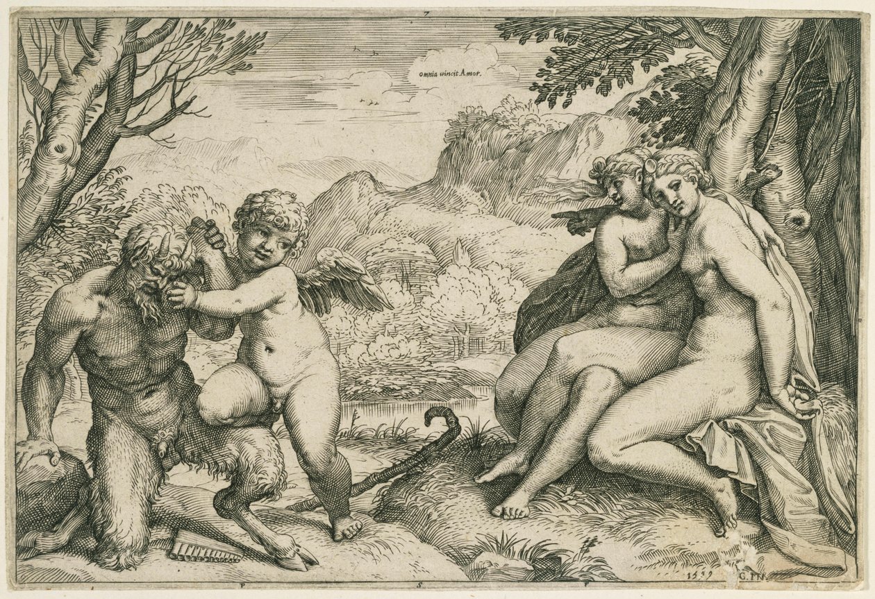 Omnia vincit Amor (Amor pokonuje Pana; po prawej dwie nimfy pod drzewem, w krajobrazie) autorstwa Agostino Carracci
