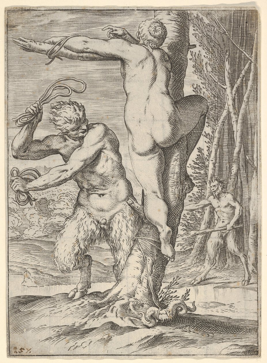 Satyr biczuje nimfę, która jest pokazana od tyłu i przywiązana do drzewa, druga saty..., ok. godz. 1590-95. autorstwa Agostino Carracci