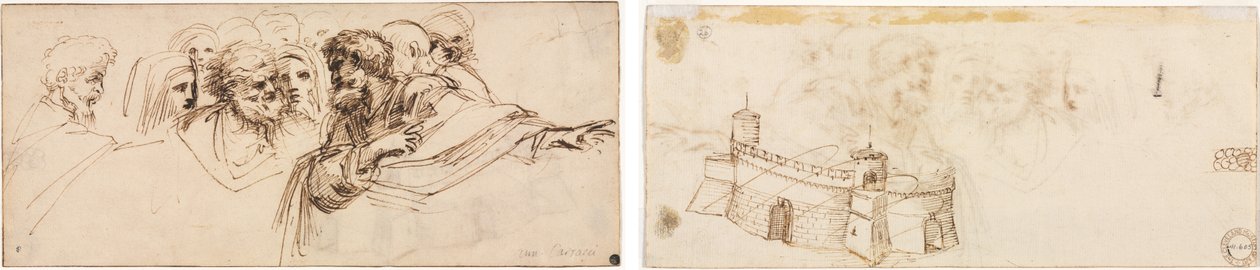 Studium głów (rekto); Crenelated Fortress (verso) autorstwa Agostino Carracci