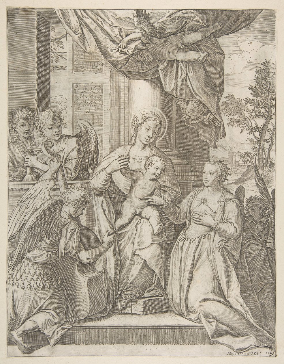 Mistyczne zaślubiny św. Katarzyny, która siedzi w centrum z Dzieciątkiem Jezus, anioły z..., 1585. autorstwa Agostino Carracci