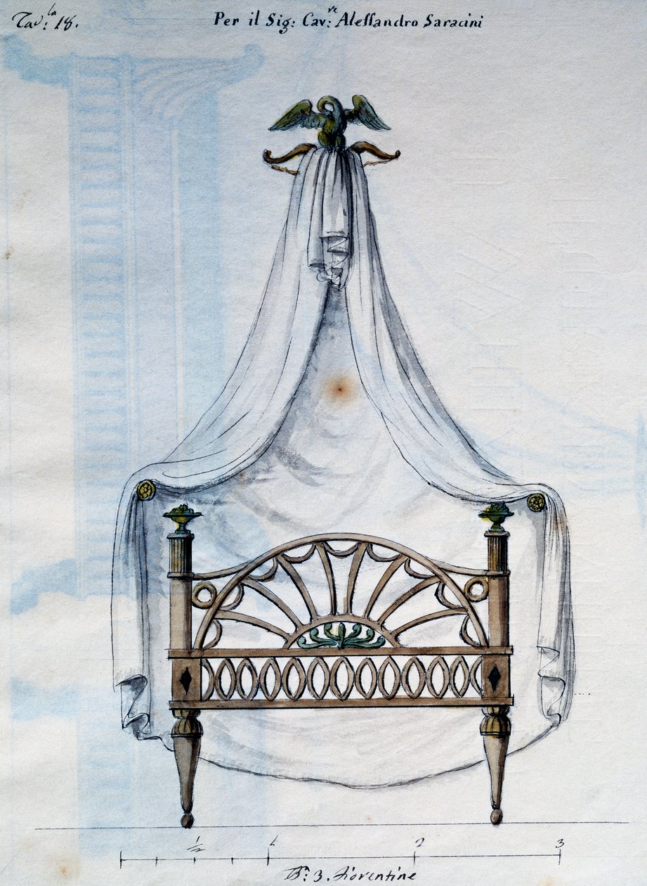 Łóżko z baldachimem dla Aleksandra Saracensa, z Dzieła stolarza i ślusarza wymyślone i zaprojektowane przeze mnie Agostino Fantastici), rękopis 3, tablica 18 (1782-1845) autorstwa Agostino Fantastici
