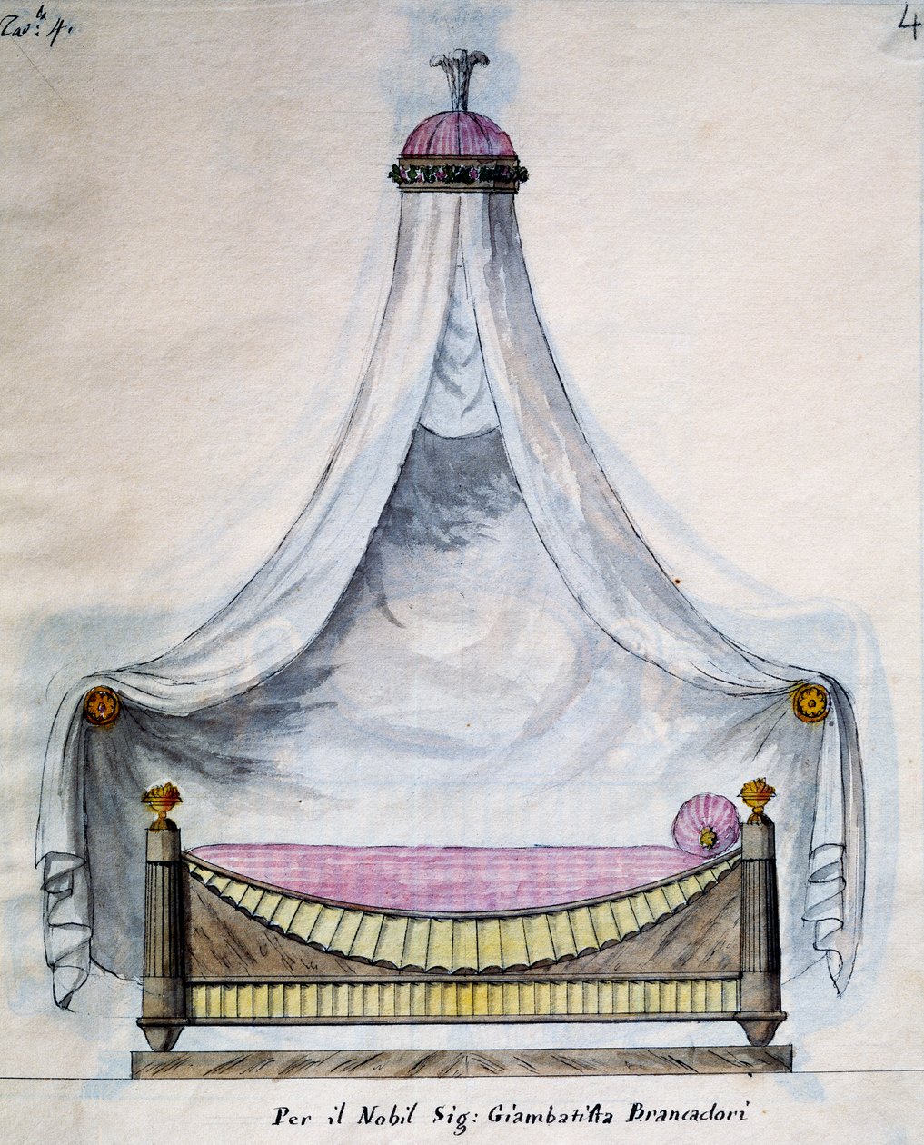 Łóżko z baldachimem dla pana Brancadori, z Dzieła stolarza i ślusarza pomysłu i projektu mnie Agostino Fantastici), rękopis 3, płyta 4 (1782-1845) autorstwa Agostino Fantastici
