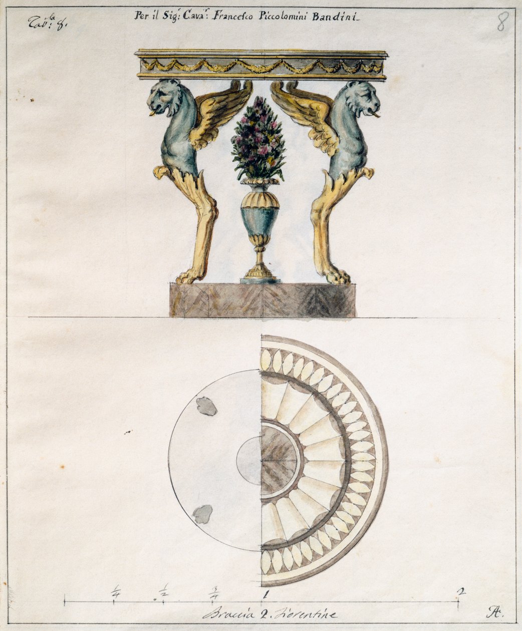 Stolik kawowy zaprojektowany przez Agostino Fantastici (1782-1845) dla Francesco Piccolomini Bandini, rysunek, Włochy autorstwa Agostino Fantastici