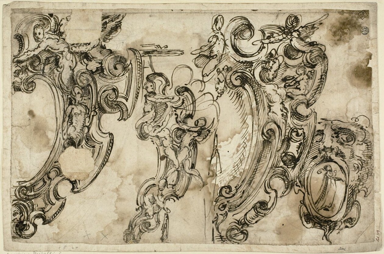 Szkice motywów dekoracyjnych (recto); Szkic motywu dekoracyjnego (verso) autorstwa Agostino Mitelli