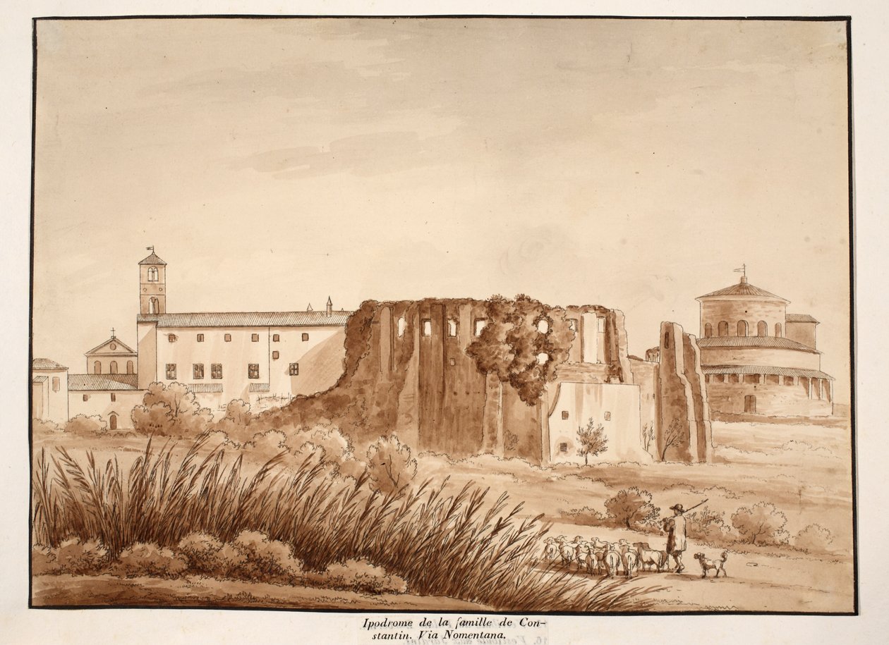 Hipodrom rodziny Konstantyna, Via Nomentana, 1833 (akwaforta z brązową lawiną) autorstwa Agostino Tofanelli
