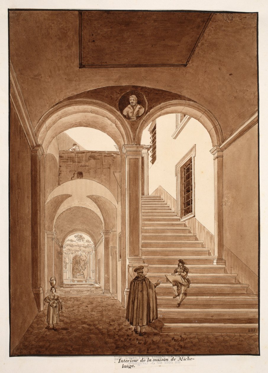 Wnętrze Domu Michała Anioła, 1833 (akwaforta z brązową lawiną) autorstwa Agostino Tofanelli