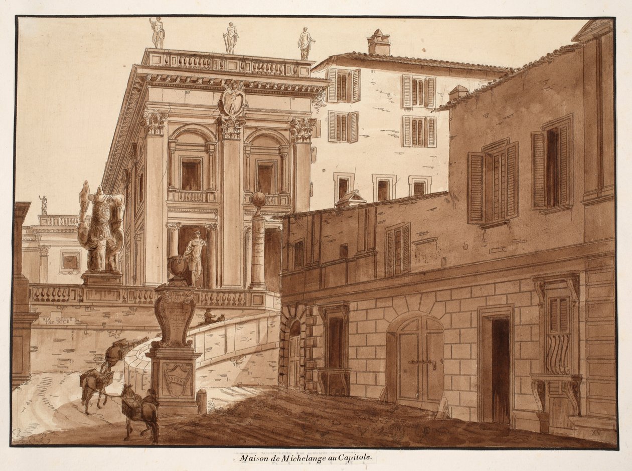 Dom Michała Anioła na Kapitolu, 1833 (akwaforta z brązową lawiną) autorstwa Agostino Tofanelli