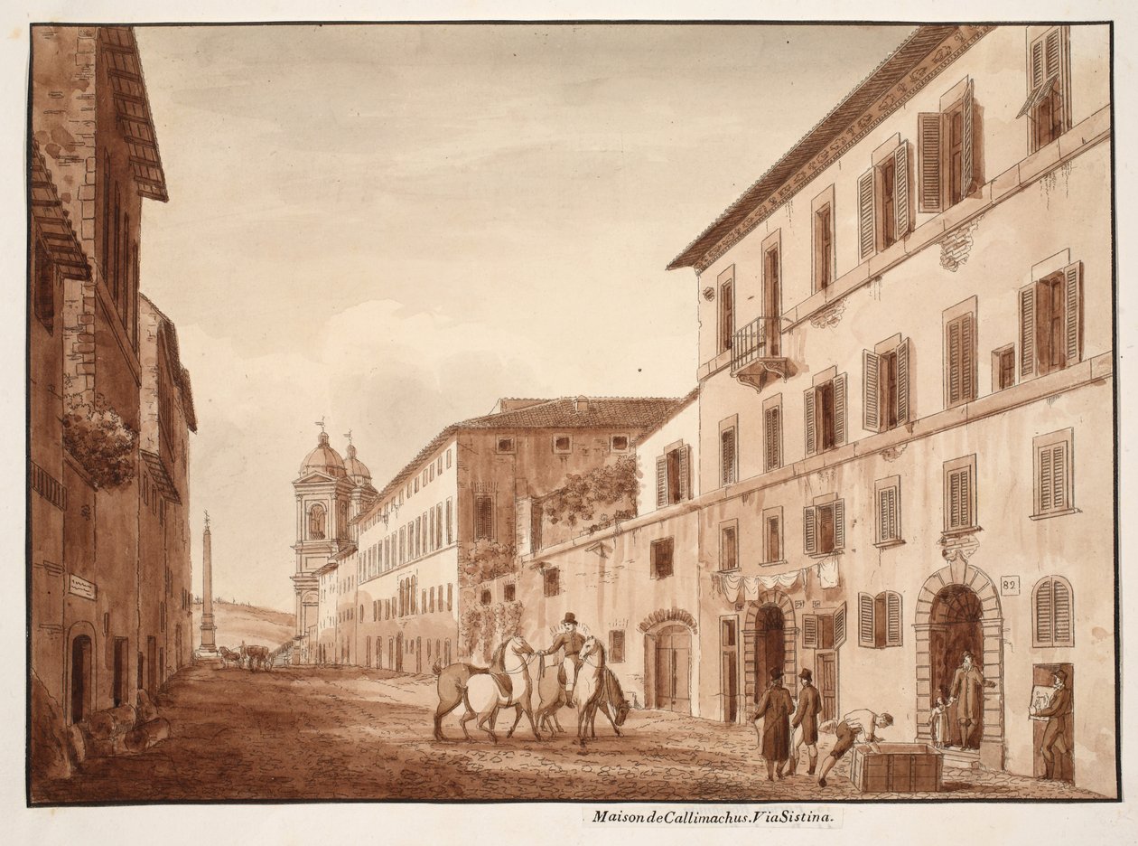 Dom Kallimacha, Via Sistina, 1833 (akwaforta z brązową farbą) autorstwa Agostino Tofanelli