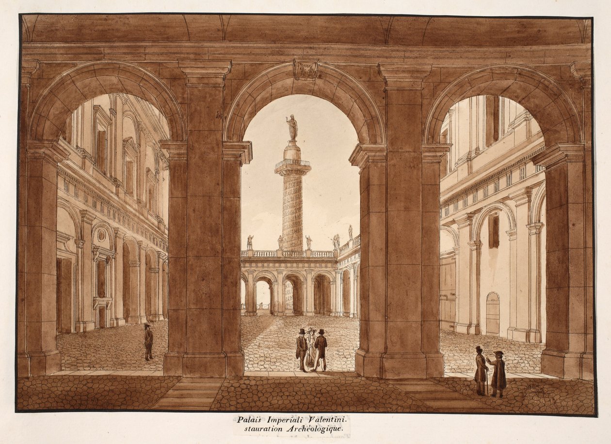 Pałac Imperiali Valentini. Renowacja Archeologiczna., 1833 (akwaforta z brązową lawiną) autorstwa Agostino Tofanelli