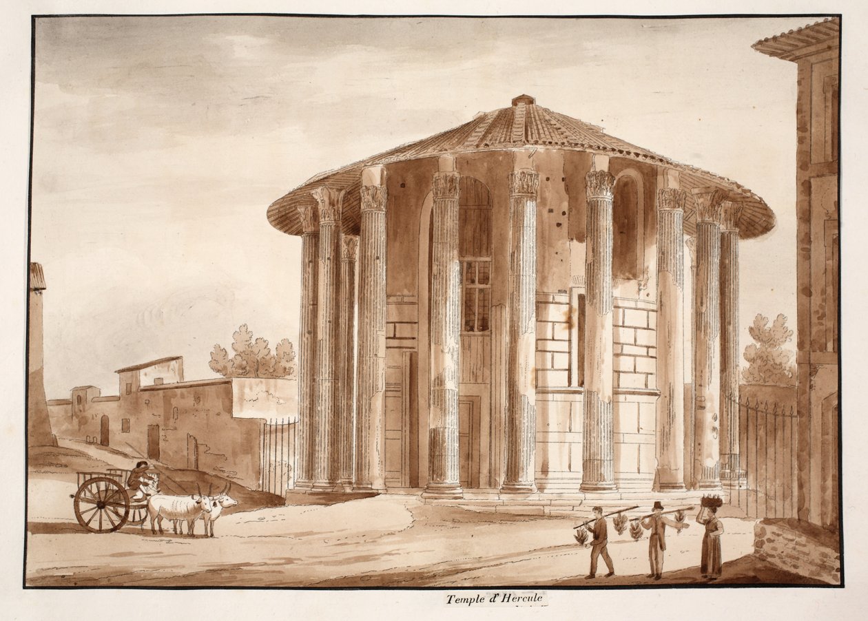 Świątynia Herkulesa Wiktora, 1833 (akwaforta z brązową lawiną) autorstwa Agostino Tofanelli