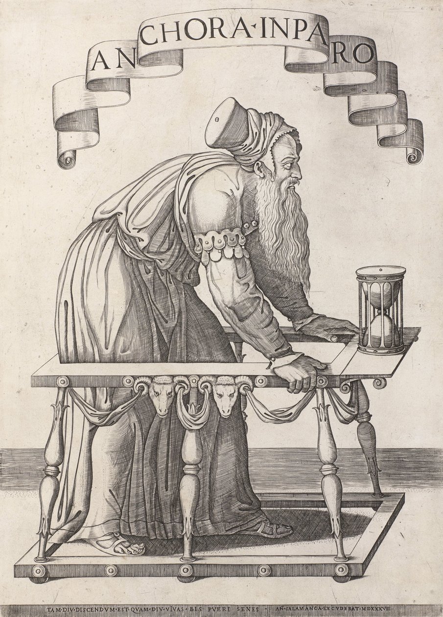 Alegoria starości Anchora inparo (tytuł na obiekcie) autorstwa Agostino Veneziano (attributed to)