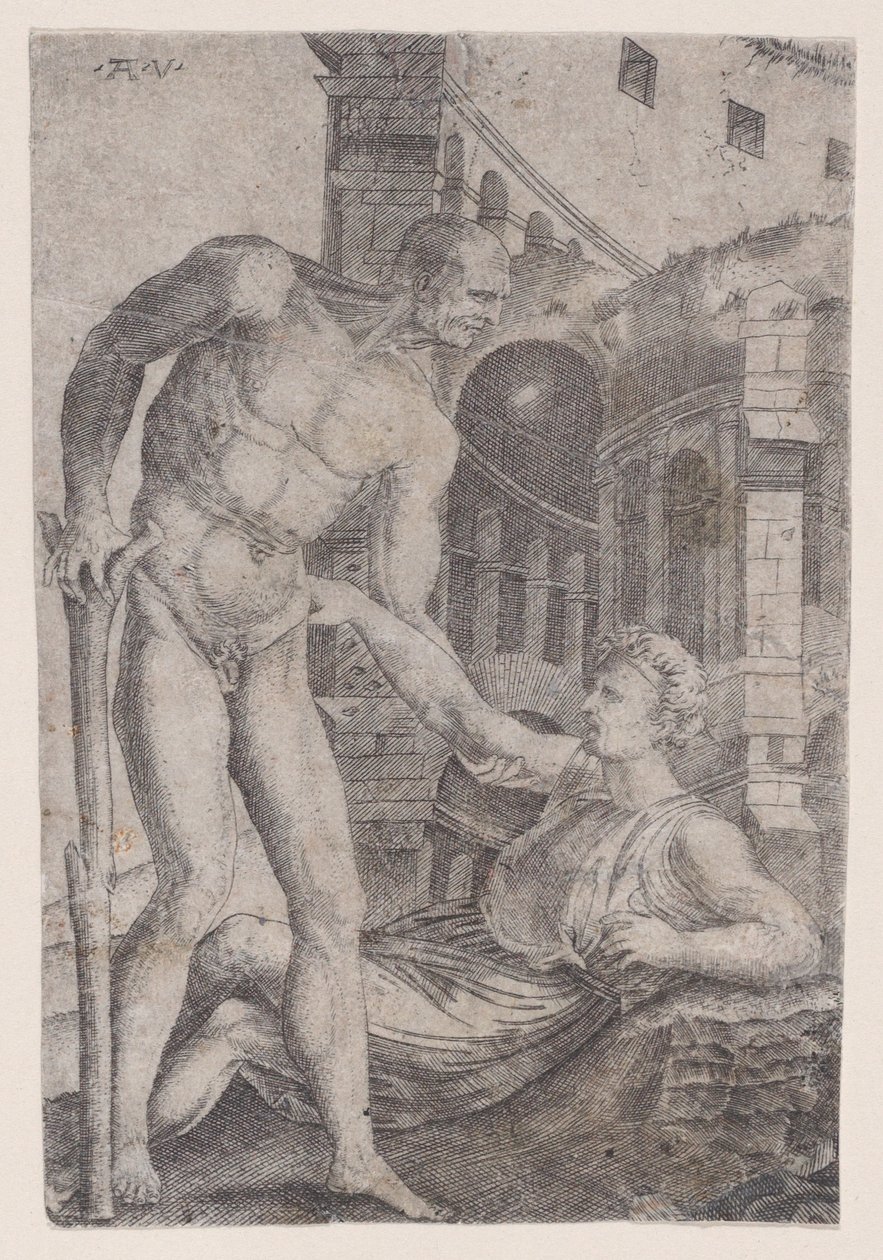 Mężczyzna pomaga komuś stanąć na nogi, ok. godz. 1514-36. autorstwa Agostino Veneziano