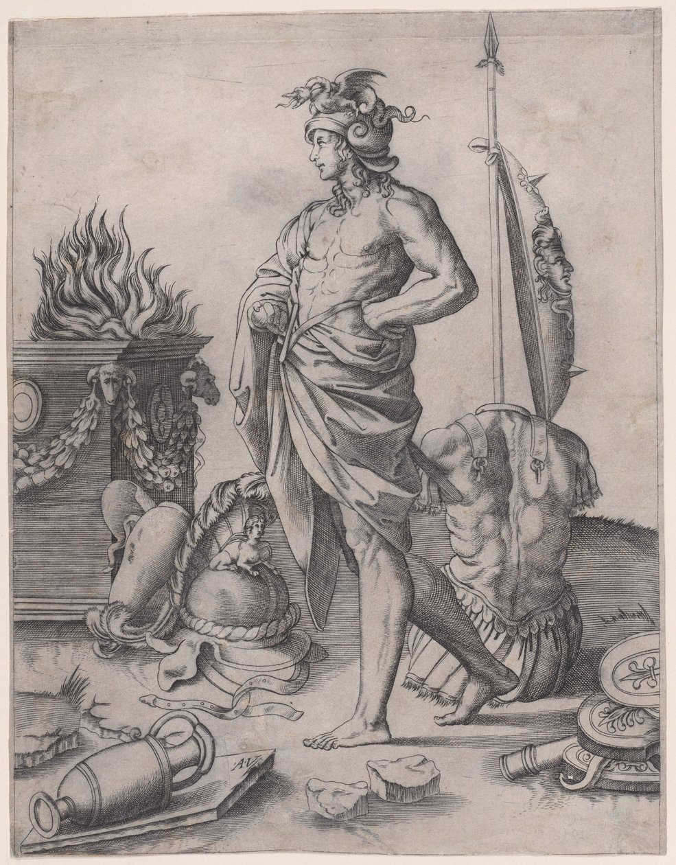 Młody bohater przy ołtarzu, ok. godz. 1514-36. autorstwa Agostino Veneziano