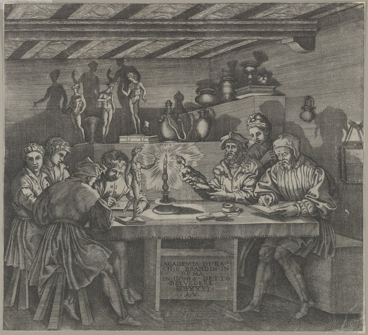 Baccio Bandinelli w swojej pracowni trzymający statuetkę Wenus, studenci szkicujący z miesiąca..., 1531. autorstwa Agostino Veneziano
