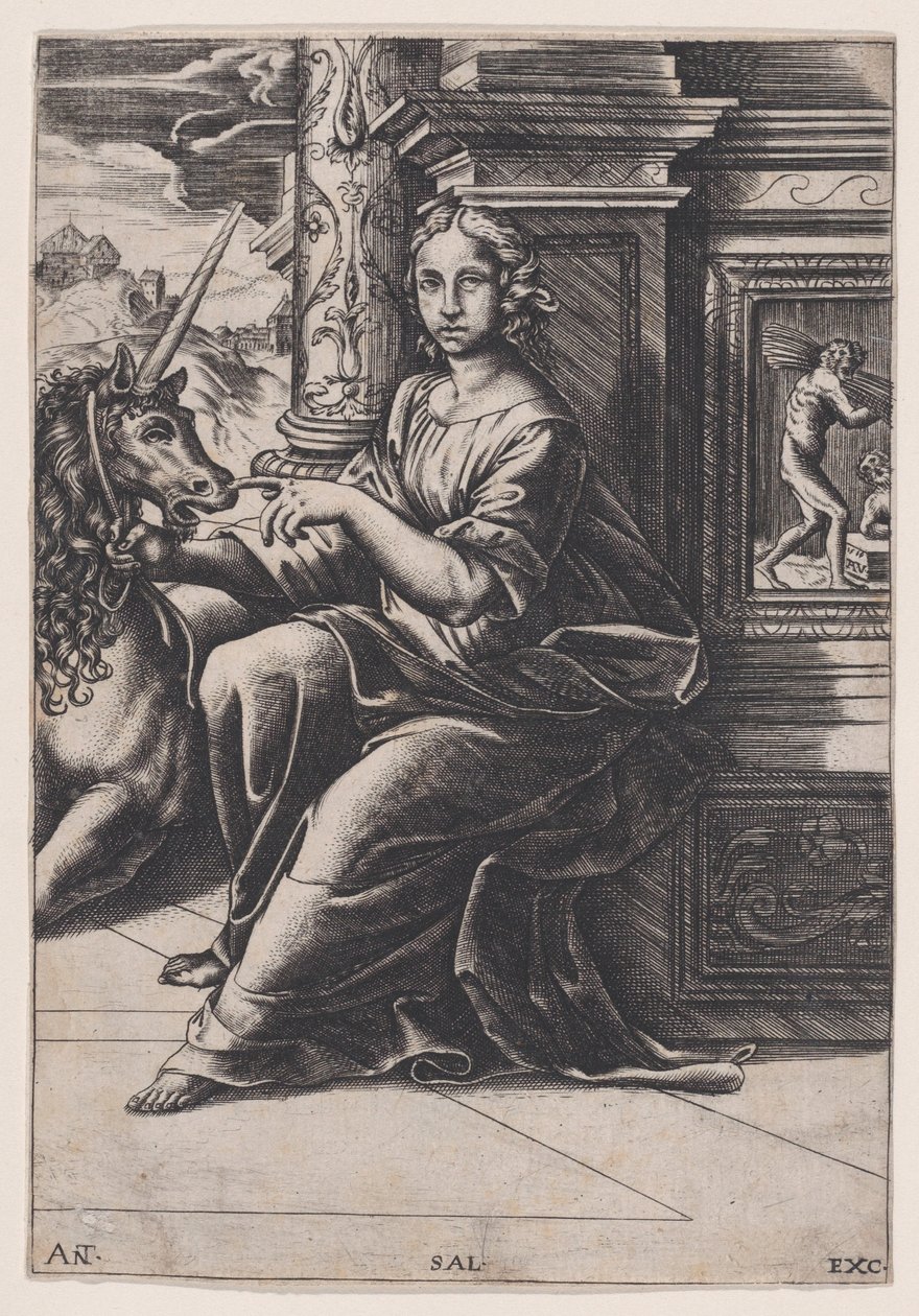 Chastity, siedząca kobieta, po jej prawej stronie jednorożec, ok. godz. 1515-30. autorstwa Agostino Veneziano