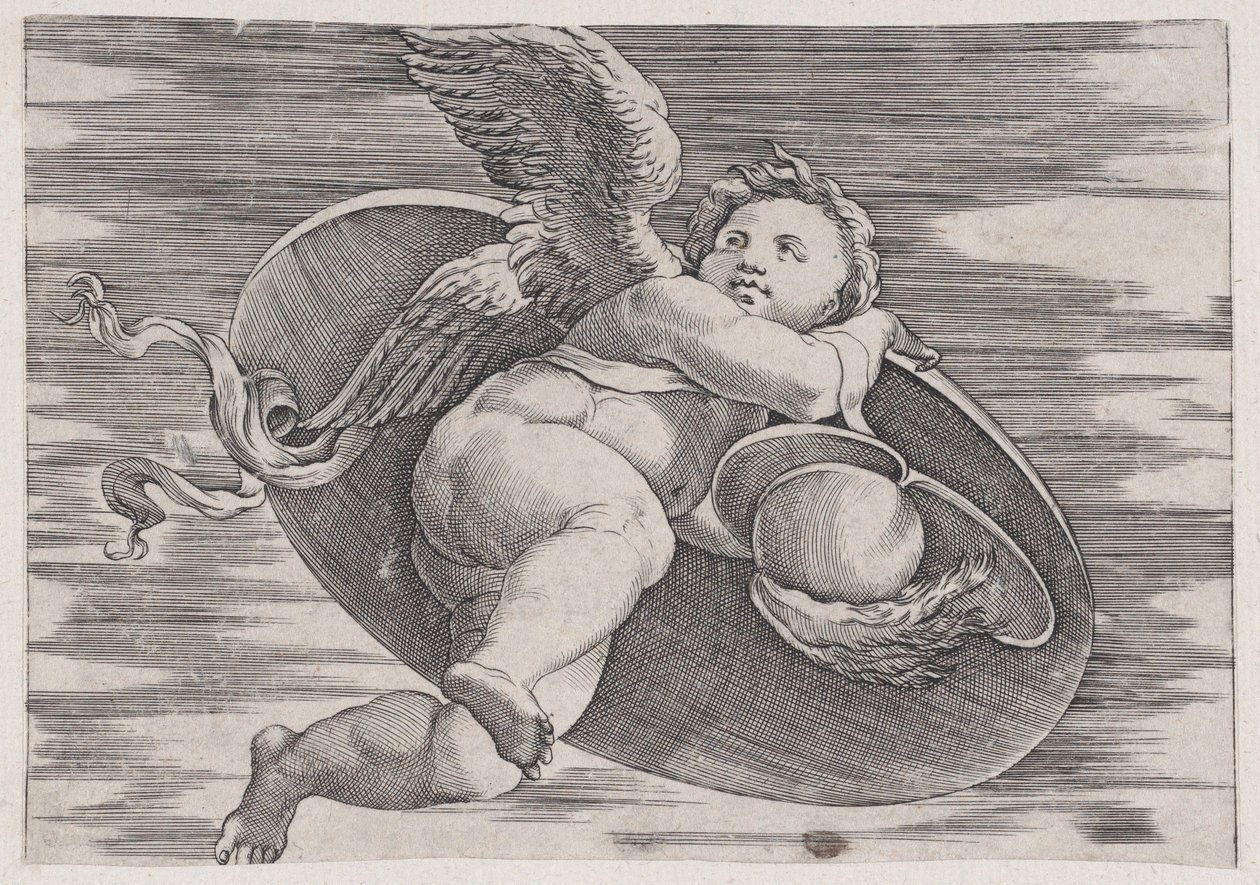 Eros kradnący tarczę człowieka, ca. 1514-36. autorstwa Agostino Veneziano