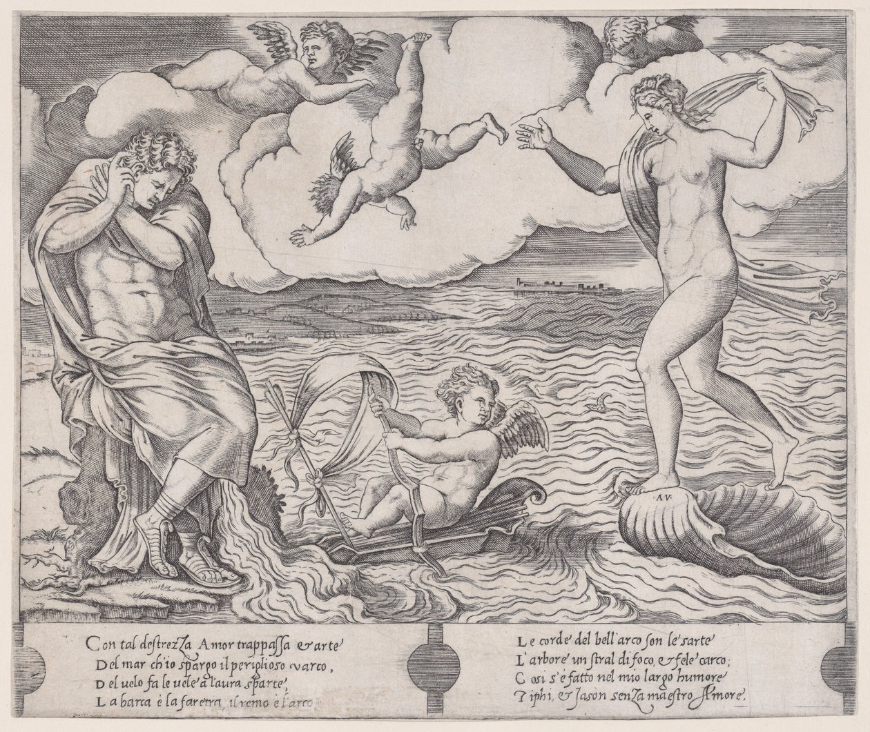 Eros w morzu, ca. 1514-36. autorstwa Agostino Veneziano