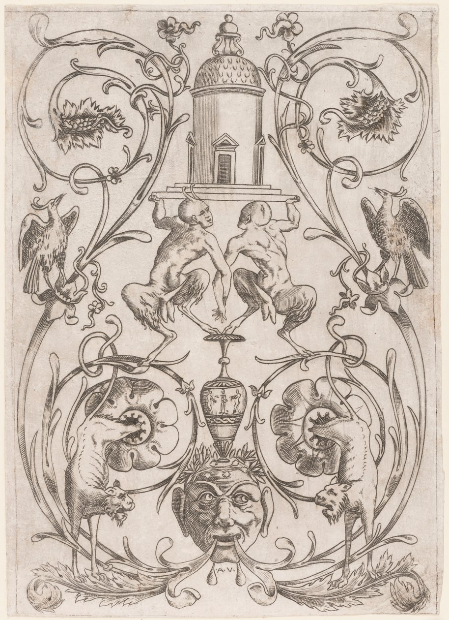 Ornament groteskowy z satyrami, z zestawu dwudziestu paneli ozdobnych autorstwa Agostino Veneziano