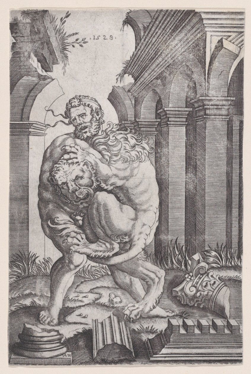 Herkules Dusi Lwa Nemejskiego, datowany na 1528 rok. autorstwa Agostino Veneziano