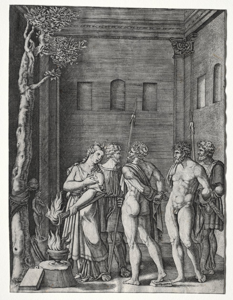 Orestes i Pylades sprowadzeni do Ifigenii na ofiarę autorstwa Agostino Veneziano